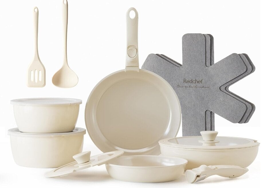 Redchef Topfsets Pfannenset 16-Teilig Antihaft-Keramik-Kochgeschirr-Set mit Abnehmbaren Griffen, Pfanne 20/26cm, Tiefe Bratpfanne 26cm, Topf 18/20cm, Stapelbar Topfset Für alle Herdarten, Ofenfest 