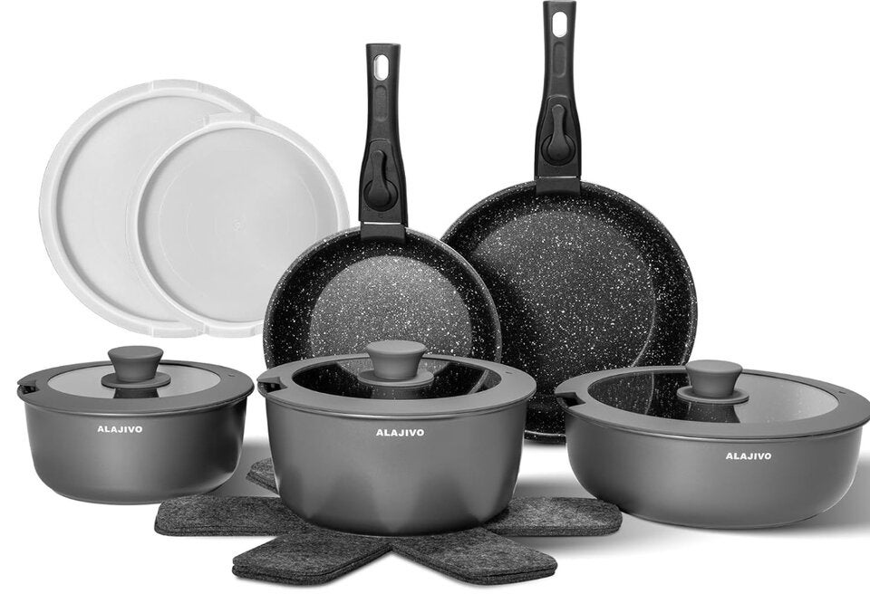 Topfset mit Abnehmbarer Griff, 17-Teilig Topfsets Pfannenset mit Antihaft Beschichtet, Topfset Induktion Kochtopf Set mit Deckel, für Alle Herdarten, Backofenfest, Ofenfest (grau) 