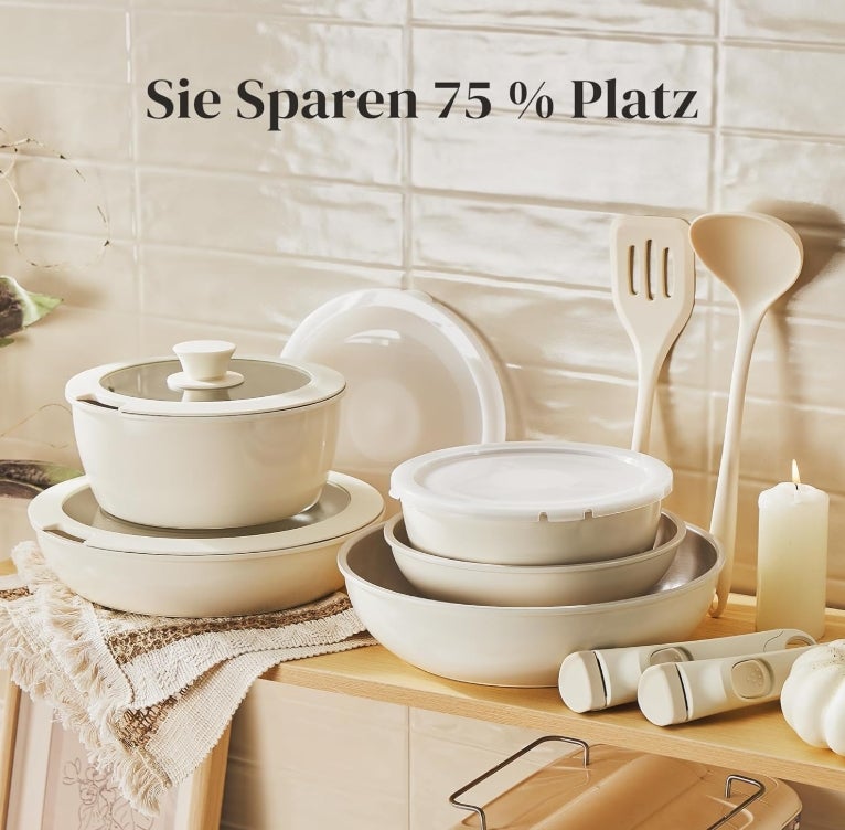 Redchef Topfsets Pfannenset 16-Teilig Antihaft-Keramik-Kochgeschirr-Set mit Abnehmbaren Griffen, Pfanne 20/26cm, Tiefe Bratpfanne 26cm, Topf 18/20cm, Stapelbar Topfset Für alle Herdarten, Ofenfest 