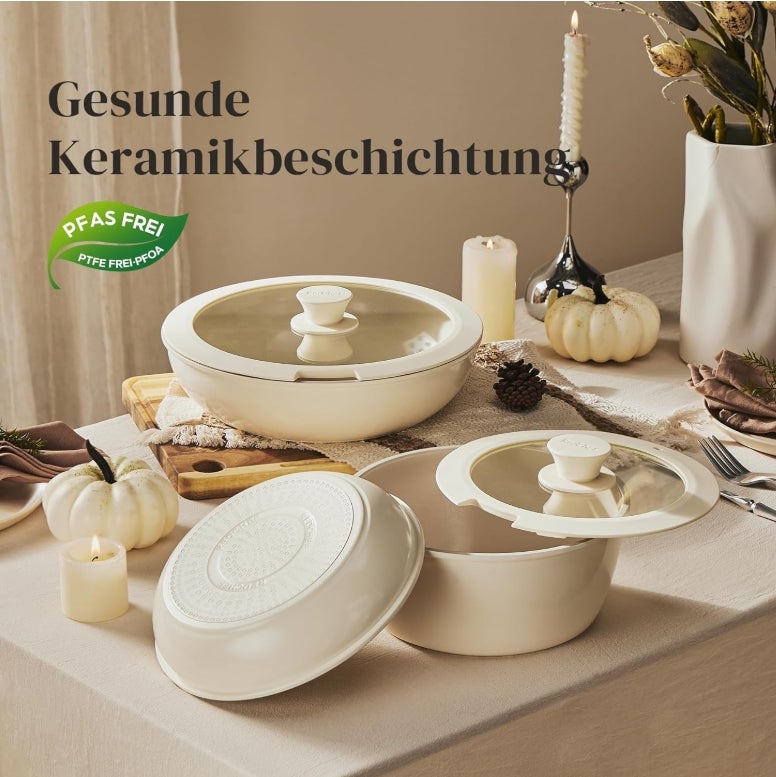Redchef Topfsets Pfannenset 16-Teilig Antihaft-Keramik-Kochgeschirr-Set mit Abnehmbaren Griffen, Pfanne 20/26cm, Tiefe Bratpfanne 26cm, Topf 18/20cm, Stapelbar Topfset Für alle Herdarten, Ofenfest 