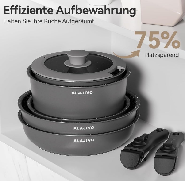 Topfset mit Abnehmbarer Griff, 17-Teilig Topfsets Pfannenset mit Antihaft Beschichtet, Topfset Induktion Kochtopf Set mit Deckel, für Alle Herdarten, Backofenfest, Ofenfest (grau) 