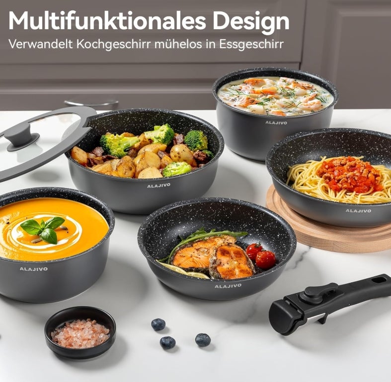 Topfset mit Abnehmbarer Griff, 17-Teilig Topfsets Pfannenset mit Antihaft Beschichtet, Topfset Induktion Kochtopf Set mit Deckel, für Alle Herdarten, Backofenfest, Ofenfest (grau) 