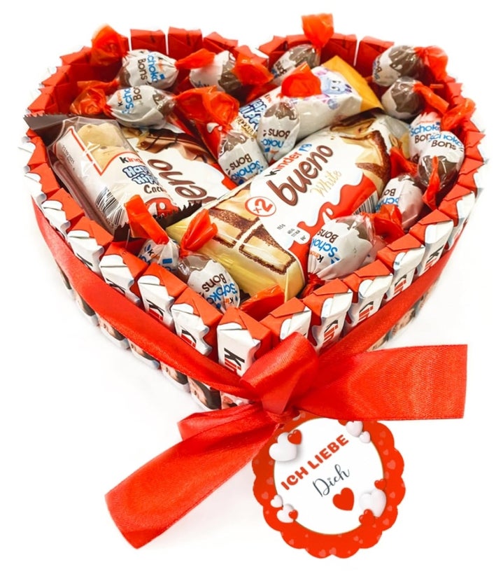 Kinderschokolade Valentinstag Box - Herz Schokolade mit Kinder, Happy Hippo, Kinderriegel, Schokolade Mini, Kinder Cards 