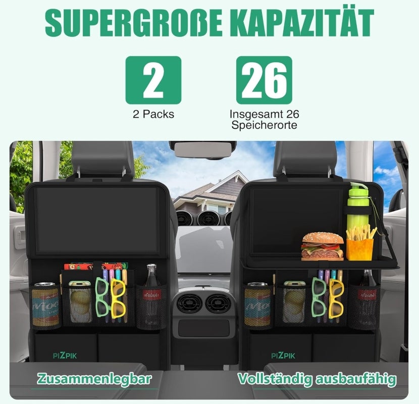 Auto Organizer,2 Große Rückenlehnenschutz,Autositz Organizer Kinder mit Klapptisch, 12 Taschen,wasserdichter Rücksitzschutz für Kinder 