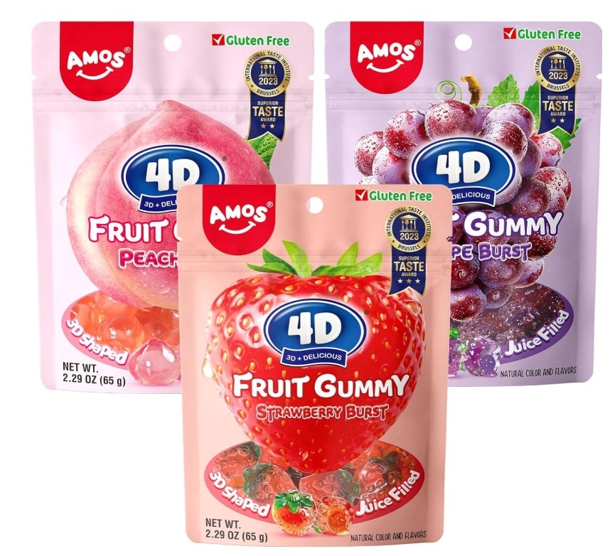 AMOS 4D Fruchtgummis Süßigkeiten Mix, Valentinstag 3 Schmecken (Erdbeere & Pfirsich & Traube) Süssigkeiten Bonbons 