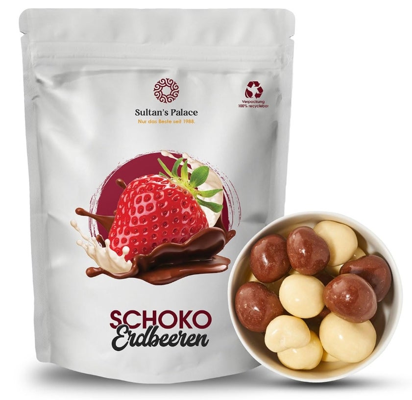 Sultan’s Palace Gefriergetrocknete Erdbeeren in weißer & Vollmilchschokolade – 200g – fruchtig & knackig 