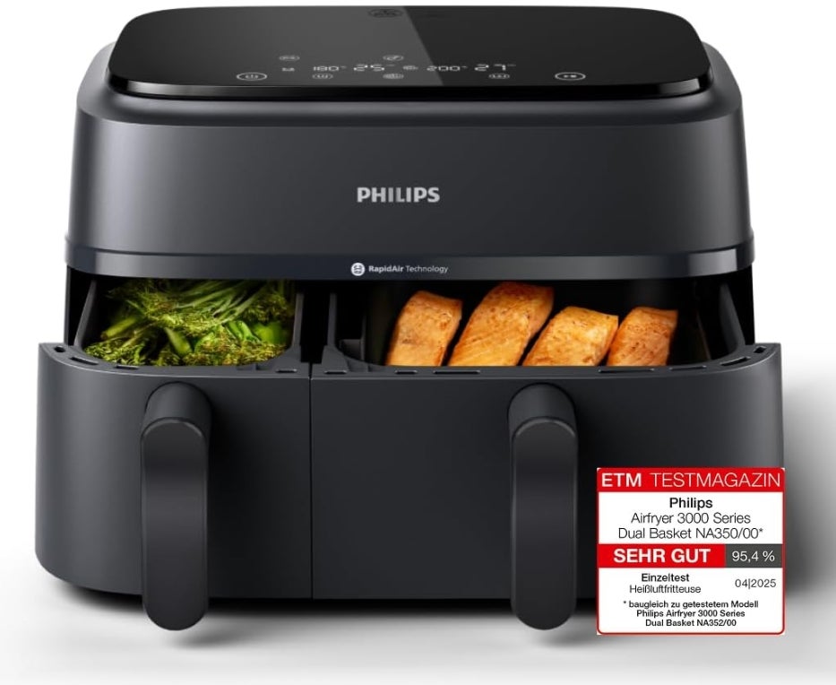 Philips Airfryer Dual Basket 3000 Series Heißluftfritteuse, 9L, 2 Körbe, 2 Gerichte gleichzeitig, RapidAir Plus Technologie, 90% weniger Fett, Energieeffizient, HomeID App (NA350/00) 