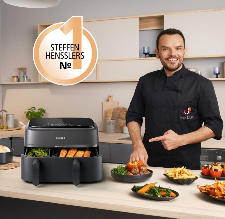 Philips Airfryer Dual Basket 3000 Series Heißluftfritteuse, 9L, 2 Körbe, 2 Gerichte gleichzeitig, RapidAir Plus Technologie, 90% weniger Fett, Energieeffizient, HomeID App (NA350/00) 