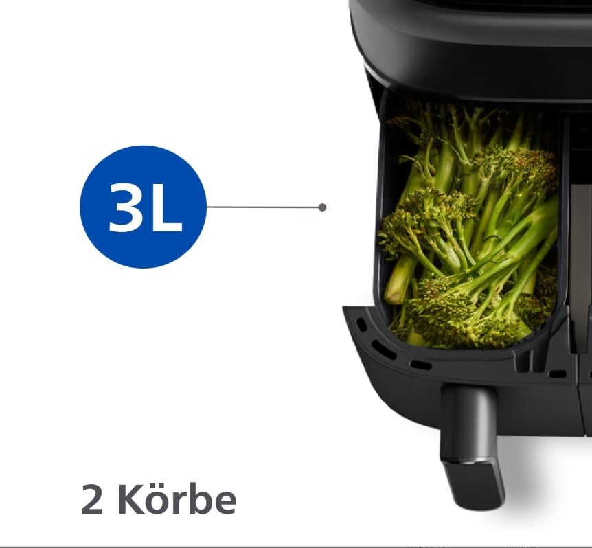 Philips Airfryer Dual Basket 3000 Series Heißluftfritteuse, 9L, 2 Körbe, 2 Gerichte gleichzeitig, RapidAir Plus Technologie, 90% weniger Fett, Energieeffizient, HomeID App (NA350/00) 