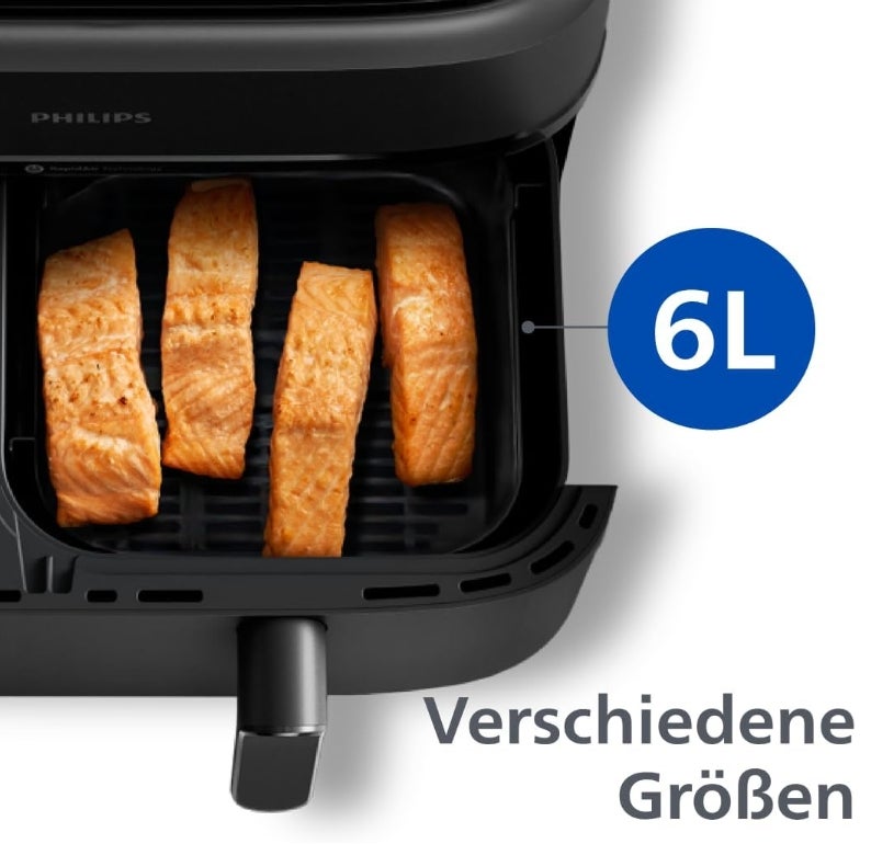 Philips Airfryer Dual Basket 3000 Series Heißluftfritteuse, 9L, 2 Körbe, 2 Gerichte gleichzeitig, RapidAir Plus Technologie, 90% weniger Fett, Energieeffizient, HomeID App (NA350/00) 