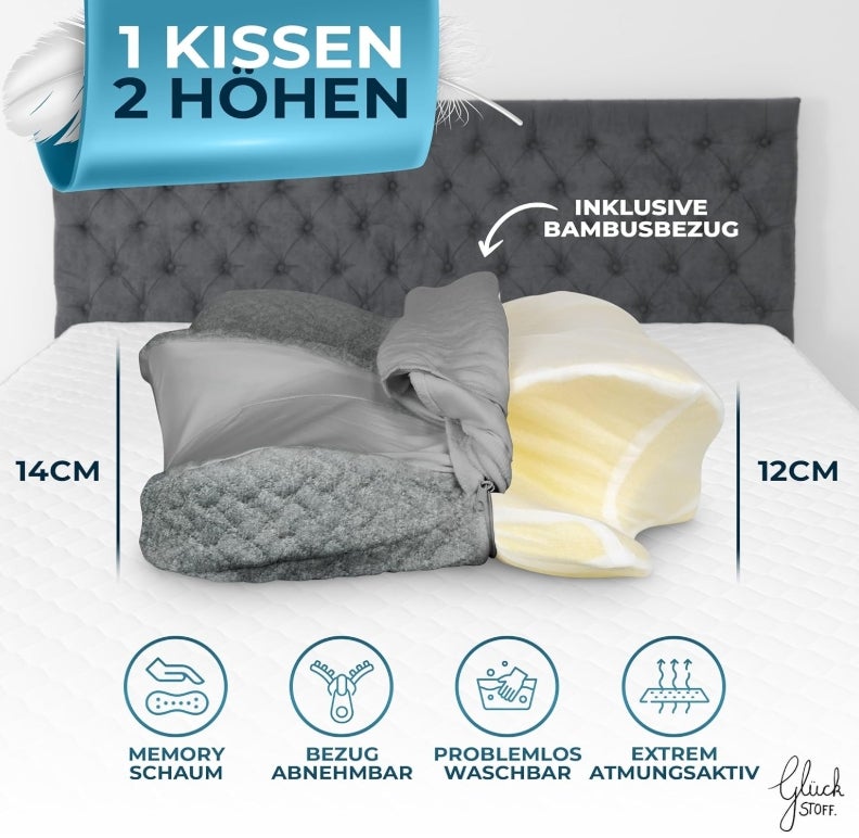 Glückstoff® Orthopädisches Kissen (Zertifiziert für alle Schlaftypen) Kopfkissen Nackenschmerzen aus Memory Foam | Nackenstützkissen Ergonomisches Kopf-Kissen Seitenschläferkissen Grau 