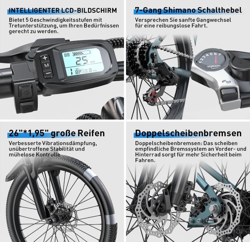 Eleglide E Bike, E-Bike Herren Damen mit 250W Motor 10Ah Akku, Offroad E-Mountainbike, 7 Gänge Elektrofahrrad Für Berge und Pendeln, Multifunktional, Höchstgeschwindigkeit 25km/h, 35 km Reichweite 