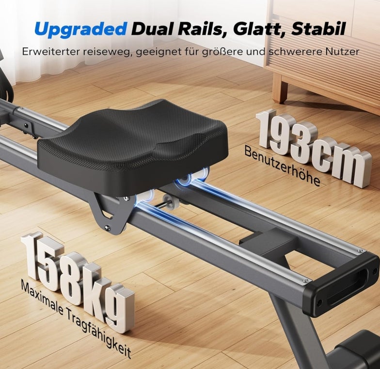 MERACH Rudergerät für Zuhause, 16 Widerstandsstufen, Leises Magnetisches Rudergerät, per App Verbindbar, Verbesserte Doppelschienen für Mehr Stabilität, Einfache Montage 