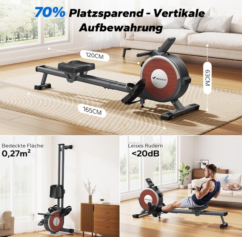MERACH Rudergerät für Zuhause, 16 Widerstandsstufen, Leises Magnetisches Rudergerät, per App Verbindbar, Verbesserte Doppelschienen für Mehr Stabilität, Einfache Montage 