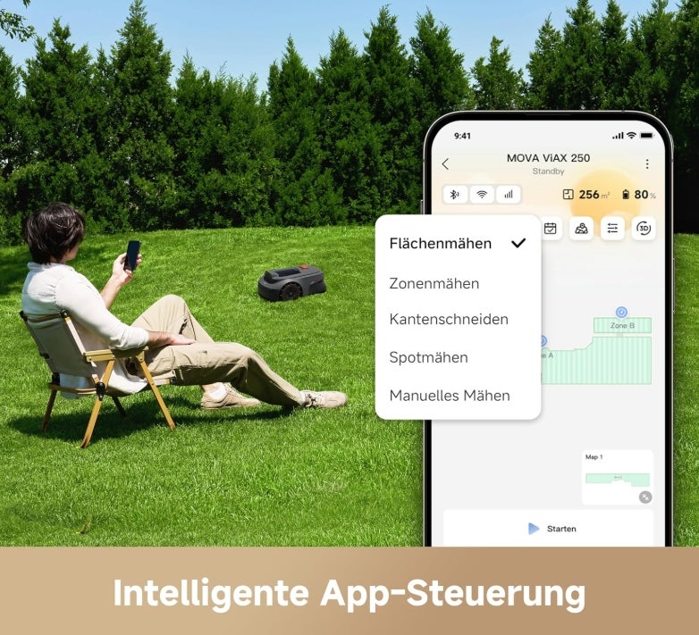MOVA ViAX 250 Mähroboter Ohne Begrenzungskabel, Empf. 250m², KI-unterstützte Auto-Mapping, U-förmige Bahnen, Hindernisvermeidung Dual-Vision, Besserer Kantenschnitt, Für Komplexe Gelände, Appsteuerung 