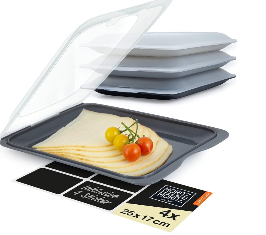 Moritz & Moritz 4er Set Aufschnittbox stapelbar – Frischhaltedosen mit Deckel zur Aufbewahrung von Wurst, Käse, uvm. – inkl. Tafelsticker zum Beschriften 