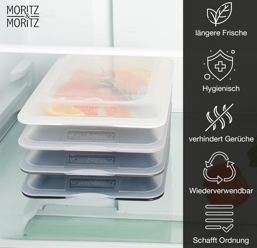 Moritz & Moritz 4er Set Aufschnittbox stapelbar – Frischhaltedosen mit Deckel zur Aufbewahrung von Wurst, Käse, uvm. – inkl. Tafelsticker zum Beschriften 