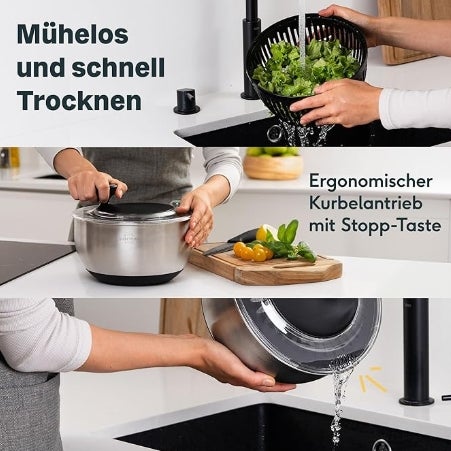 SILBERTHAL Salatschleuder Edelstahl 4,5l groß & rutschfestem Boden - Salad Spinner mit Kurbelantrieb & Stopptaste - BPA-frei & Spülmaschinenfest 