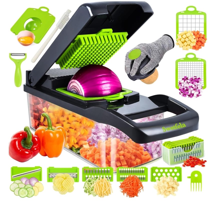 18-in-1 Gemüseschneider & Gemüsehobel, Multifunktionaler Vegetable Chopper Dicer mit 7 Klingen, Zwiebel Zerkleinerer Gemüsezerkleinerer Set mit Handschuh, Reinigungsbürste und Schäler 