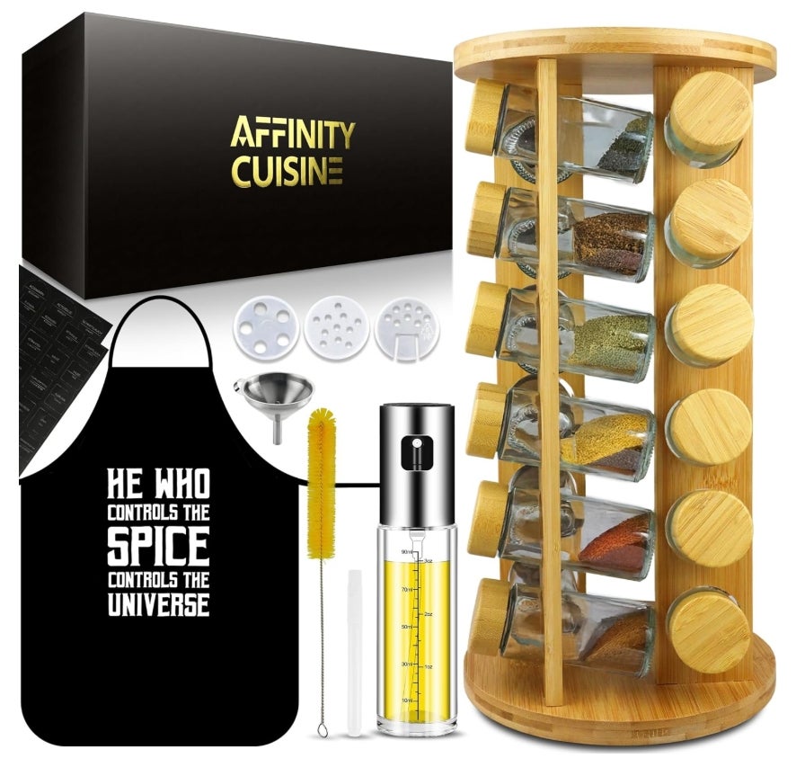 ???????????????????????????????? ???????????????????????????? Gewürzgläser Set 24-teilig, 120ml, Bambus-Drehständer 360°, inkl. Trichter, Reinigungsbürste, Etiketten & Stift, Schürze & Ölspender 