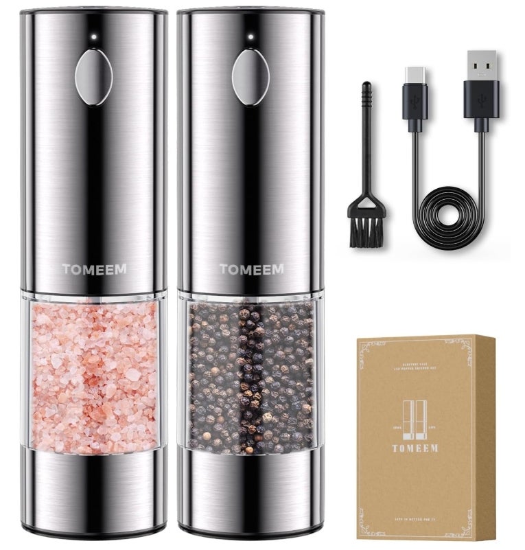 Salz und Pfeffermühlen elektrisch 2er Set aus Edelstahl (Wiederaufladbar, LED Beleuchtung, mit einstellbarem Keramikmahlwerk, Reinigungsbürste Bürste) Gewürzmühle elektrisch 