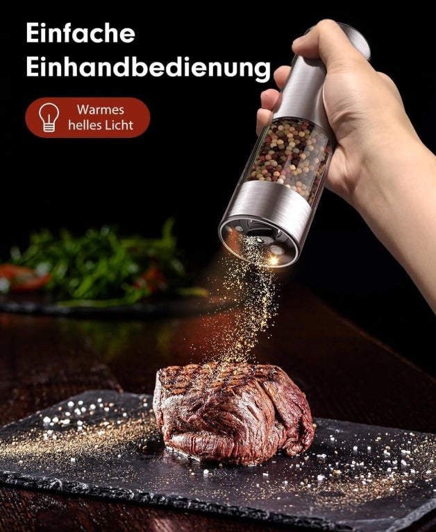 Salz und Pfeffermühlen elektrisch 2er Set aus Edelstahl (Wiederaufladbar, LED Beleuchtung, mit einstellbarem Keramikmahlwerk, Reinigungsbürste Bürste) Gewürzmühle elektrisch 