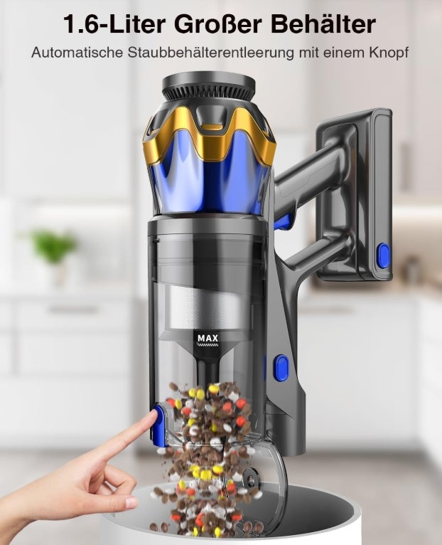 Akku Staubsauger 45000Pa/550W/65Min, 1,6L Staubsauger Kabellos mit Display, Anti-Tangle-Bürste, Selbststehend, Wandladestation, 8-Schicht-Filtration, Ultraleise, für Tierhaare/Teppiche/Hartböden/Auto&nbsp;