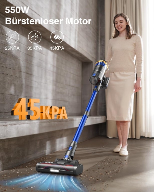 Akku Staubsauger 45000Pa/550W/65Min, 1,6L Staubsauger Kabellos mit Display, Anti-Tangle-Bürste, Selbststehend, Wandladestation, 8-Schicht-Filtration, Ultraleise, für Tierhaare/Teppiche/Hartböden/Auto&nbsp;