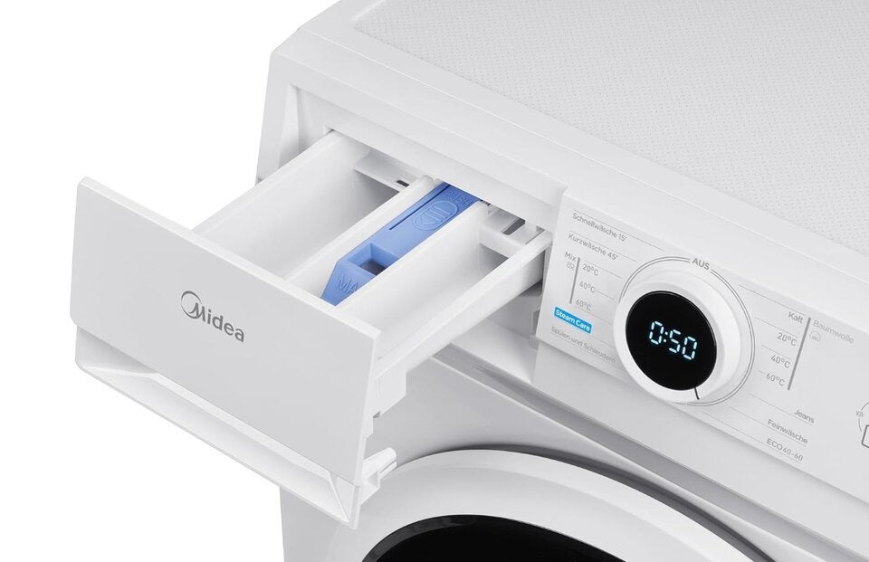 Midea MF10EW80BA10 Waschmaschine / 8kg / 1400 U/Min/EEK A-10%/Inverter Quattro Motor/Dampffunktion/Grosse Trommel/Nachlegefunktion/Kindersicherung/AquaStop, Weiß [Energieklasse A] 