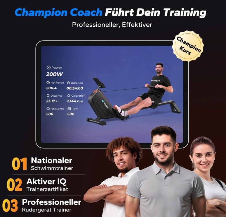 MERACH Rudergerät für Zuhause Klappbar, Magnet Leises Rudermaschine mit Exklusiver APP, Verbesserte und Verlängerte Führungsschienen Sorgen für Mehr Bewegungsfreiheit 