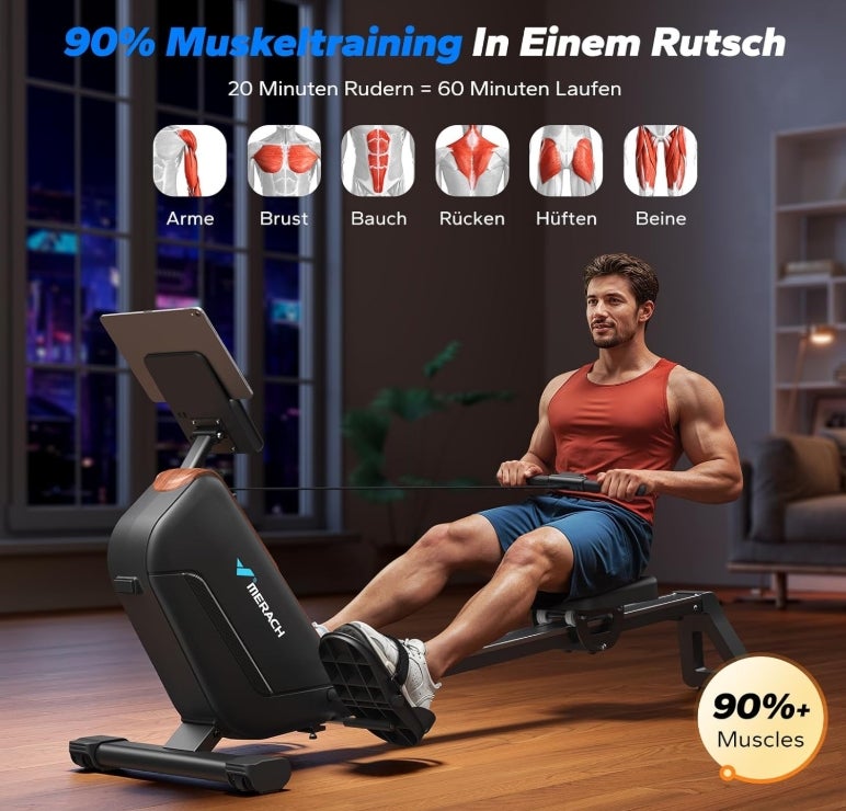 MERACH Rudergerät für Zuhause Klappbar, Magnet Leises Rudermaschine mit Exklusiver APP, Verbesserte und Verlängerte Führungsschienen Sorgen für Mehr Bewegungsfreiheit 