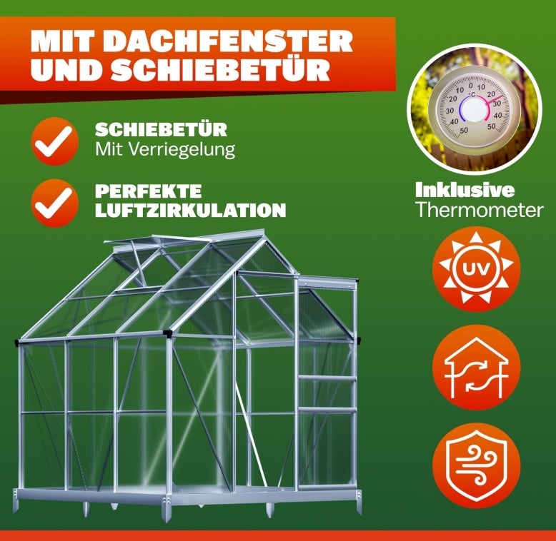 GARDEBRUK® Gewächshaus Aluminium 3,6m² mit Fundament 190x190cm inkl. Dachfenster Tomatenhaus Treibhaus Anzuchthaus Garten Frühbeet Aufzucht 5,8m³ 