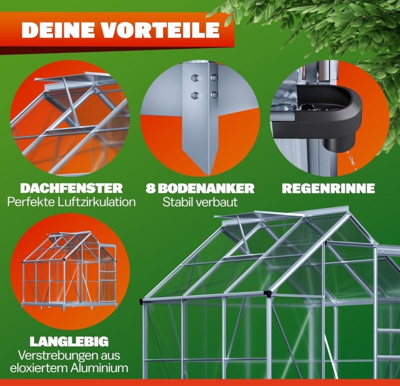 GARDEBRUK® Gewächshaus Aluminium 3,6m² mit Fundament 190x190cm inkl. Dachfenster Tomatenhaus Treibhaus Anzuchthaus Garten Frühbeet Aufzucht 5,8m³ 