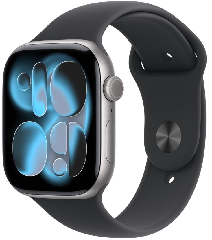Apple Watch Series 11 GPS 46 mm Smartwatch mit Aluminiumgehäuse in Space Grau und Sportarmband in Schwarz (M/L). Schlafindex, Fitnesstracker, Gesundheitstracking, Always-On Display, Wasserschutz 