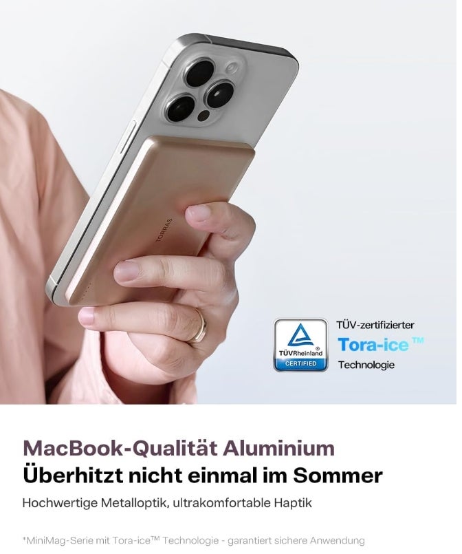 TORRAS MiniMag Powerbank für MagSafe, 10000mAh 22.5W Schnellladen Magnetische Power Bank Slim, Wireless Externe Akkupack mit USB-C-Kabel