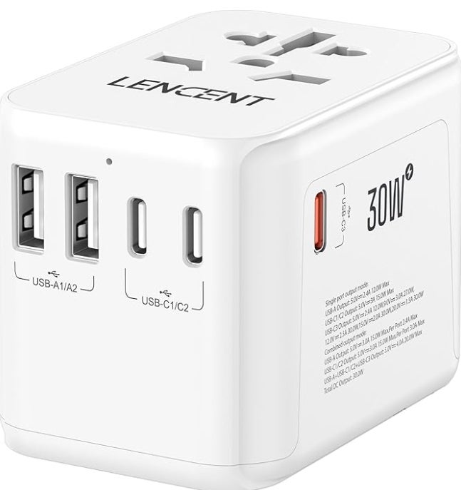 LENCENT Universeller Reiseadapter GaN III 30W, International Adapter mit 2 USB-A&3 USB-C PD Schnellladung Anschlüssen 