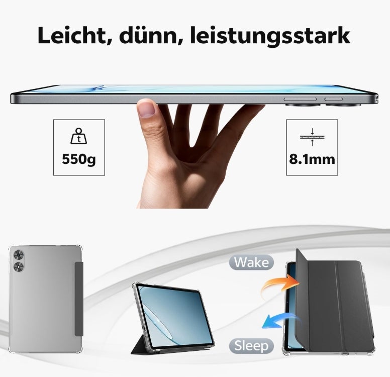 Tablet 11 Zoll mit Hülle, Android 16 System mit Gemini AI, 20GB RAM + 128GB ROM (erweiterbar auf 1TB), 90Hz Display, Unisoc T7250 Octa Core, 13MP + 8MP Kamera, Face ID, Widevine L1, 8800mAh, GPS 