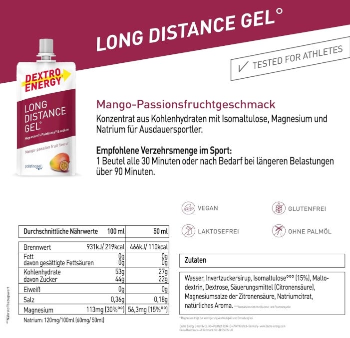 Dextro Energy Long Distance Gel Mango Passionfruit + Magnesium und Natrium - 12 x 50ml (12er Pack) - High Carb Energy Gel mit Palatinose und Elektrolyte zur gleichmäßigen Kohlenhydratversorgung 