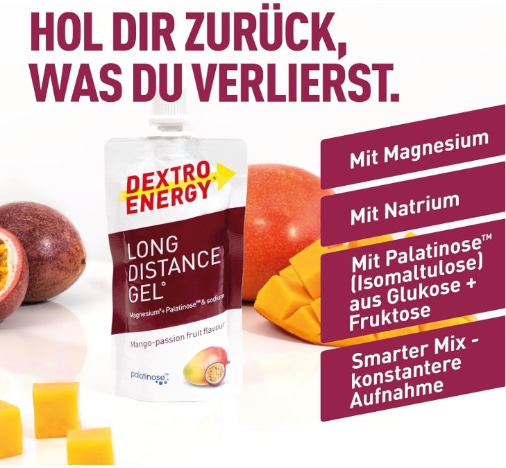 Dextro Energy Long Distance Gel Mango Passionfruit + Magnesium und Natrium - 12 x 50ml (12er Pack) - High Carb Energy Gel mit Palatinose und Elektrolyte zur gleichmäßigen Kohlenhydratversorgung 