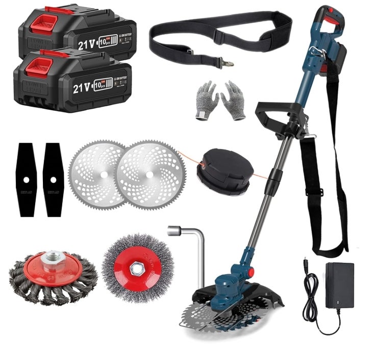 Rasentrimmer mit Akku, 21 V, kabellos, mit Akku, elektrischer Rasentrimmer, kabellos, mit 2 Akkus 4,0 Ah, für Garten und Gartenarbeit, Blau 