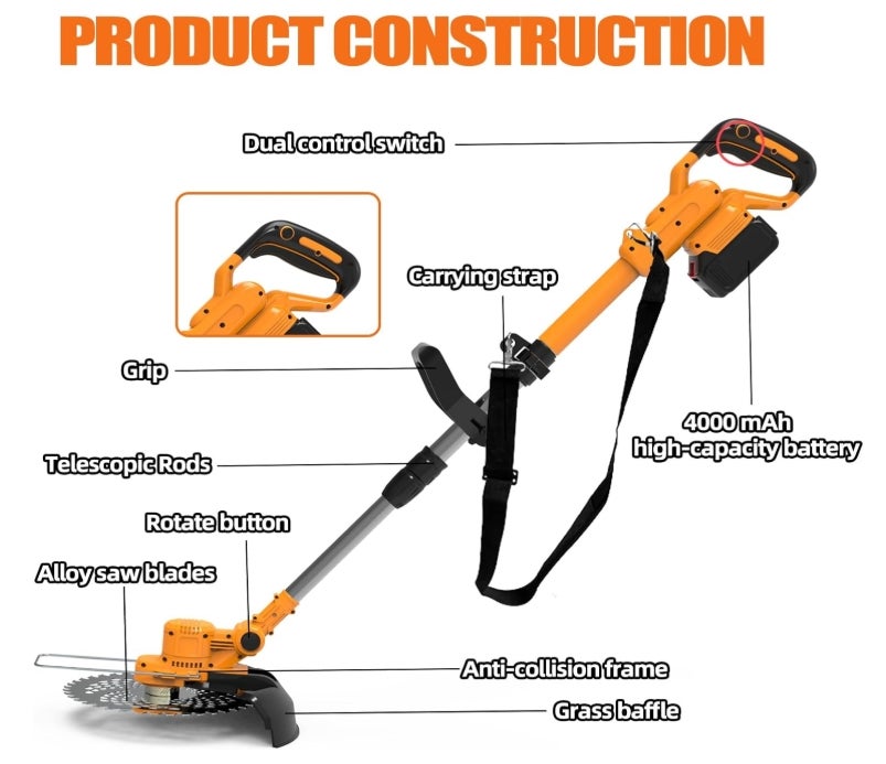 Rasentrimmer mit Akku, 21 V, kabellos, mit Akku, elektrischer Rasentrimmer, kabellos, mit 2 Akkus 4,0 Ah, für Garten und Gartenarbeit, Blau 