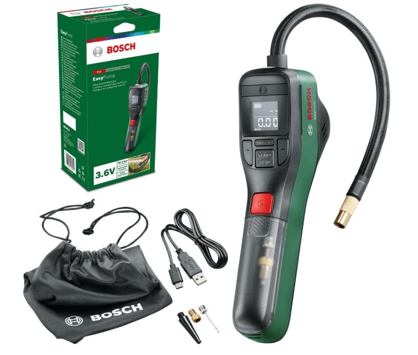 Bosch elektrische Fahrradpumpe/Luftpumpe/Mini Kompressor EasyPump (3,0 Ah Akku, 3,6 Volt, Autostop-Funktion, 150 PSI, 10,3 bar, LED, über USB-C® wiederaufladbar, im Karton) 