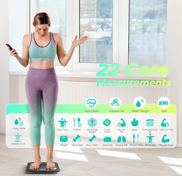 Körperfettwaage - Digitale Personenwaage mit 8-in-1-VA-Display für Körpergewicht, Herzfrequenz, BMI, Körperfett und Analyse von 22 Körperparametern, mit App-Synchronisierung 