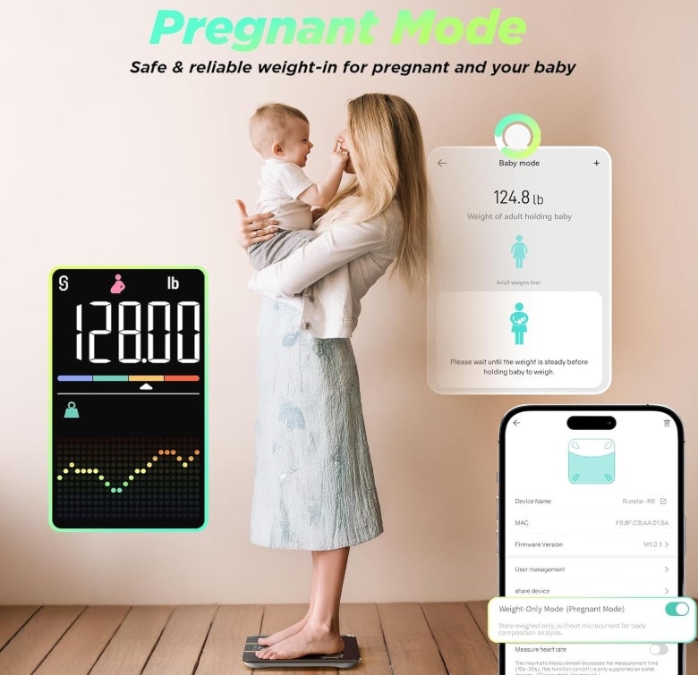 Körperfettwaage - Digitale Personenwaage mit 8-in-1-VA-Display für Körpergewicht, Herzfrequenz, BMI, Körperfett und Analyse von 22 Körperparametern, mit App-Synchronisierung 