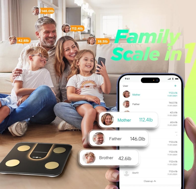 Körperfettwaage - Digitale Personenwaage mit 8-in-1-VA-Display für Körpergewicht, Herzfrequenz, BMI, Körperfett und Analyse von 22 Körperparametern, mit App-Synchronisierung 