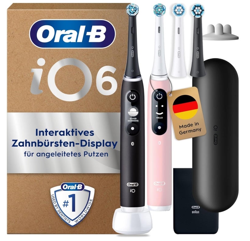 Oral-B iO Series 6 Plus Edition Elektrische Zahnbürste, Doppelpack — Electric Toothbrush, Inkl. 4 Aufsteckbürsten, 5 Putzmodi für Zahnpflege, Reise-Etui — Designed by Braun, Schwarz/Rosa&nbsp;