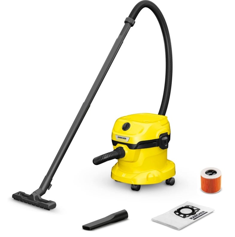 Kärcher Nass-/Trockensauger WD 2 Plus V-12/4/18/C, inkl. Patronenfilter, Vliesfilterbeutel, 1.000 W, Kunststoffbehälter: 12 l, Saugschlauch: 1,8 m, Blasfunktion, Boden- und Fugendüse, Schwarz, Gelb 