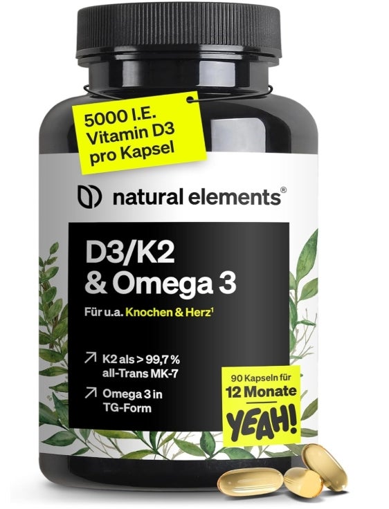 natural elements Vitamin D3 + K2 + Omega 3 – Premium K2VITAL® von Kappa 99,7+% All-Trans K2 – Premium Omega 3 in Triglycerid Form und bioverfügbares D3 – in Deutschland produziert & laborgeprüft 