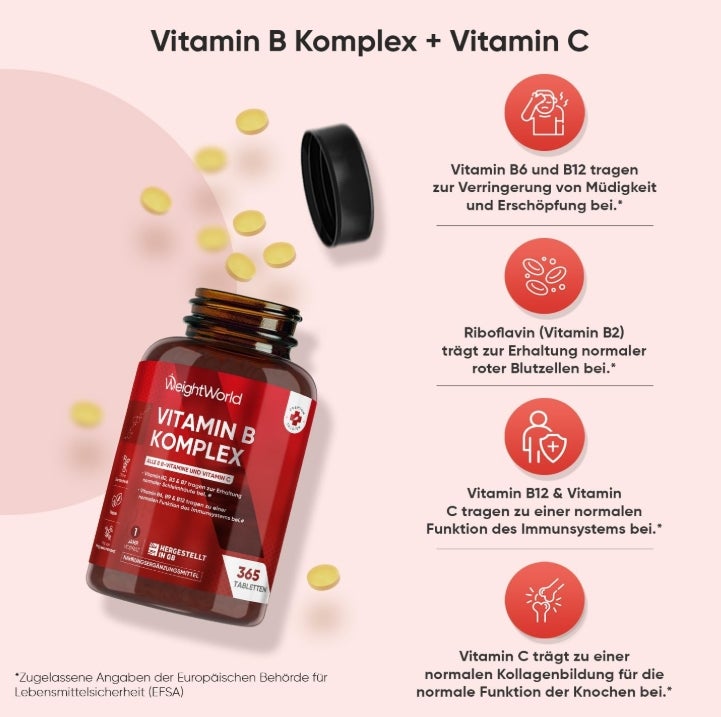 Vitamin B Komplex - 1 Jahr Vorrat - 365 Vitamin B mit Vitamin C Tabletten - Alle 8 B Vitamin B12, B1, B2, B3, B5, B6, B7, B9 - Mit Ascorbinsäure, Biotin, Folsäure - Vegane B Complex - WeightWorld
