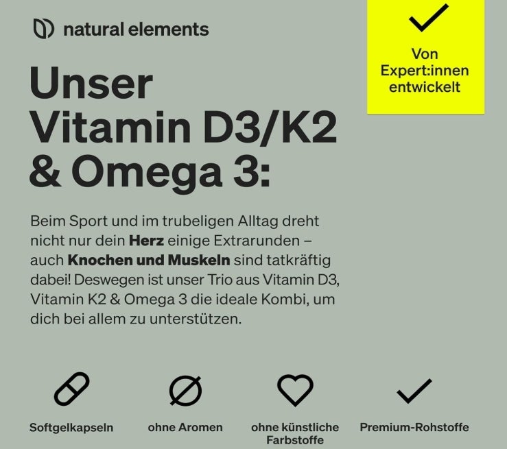 natural elements Vitamin D3 + K2 + Omega 3 – Premium K2VITAL® von Kappa 99,7+% All-Trans K2 – Premium Omega 3 in Triglycerid Form und bioverfügbares D3 – in Deutschland produziert & laborgeprüft 